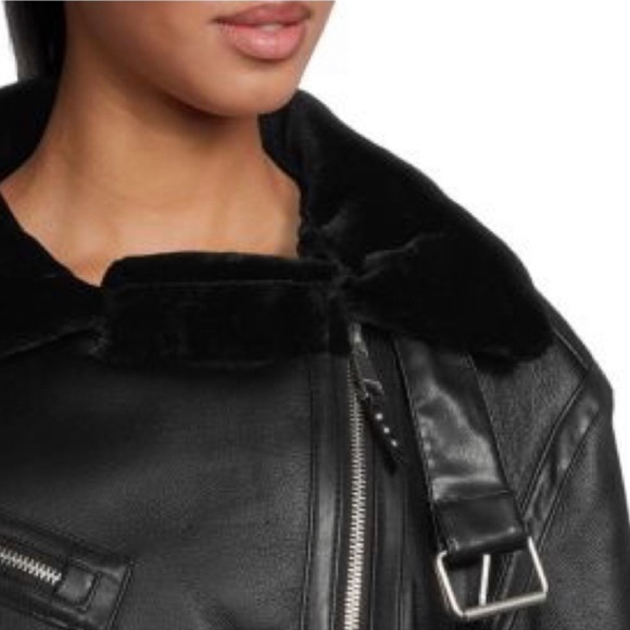 REBECCA MINKOFF Black Faux Leather Oversized Shearling Moto Jacket NWT - Picture 3 of 5